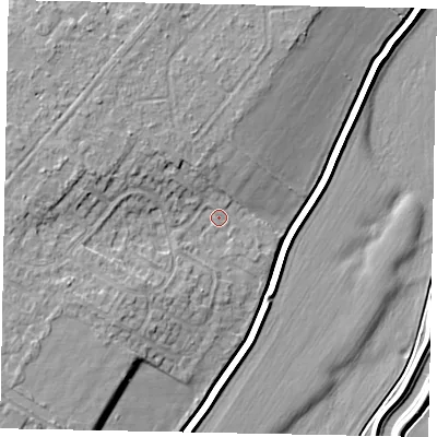 Shaded relief map of the ground around LN68UA, computed from Environment Agency LiDAR. The ground here sits at about 7 m above sea level and falls 8 m across the surrounding 800 m. Surface water reaching this point runs off ground lying to the west-north-west, 4.5 m higher.