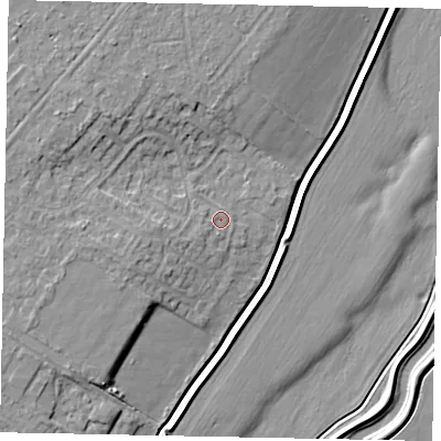 Shaded relief map of the ground around LN68UB, computed from Environment Agency LiDAR. The ground here sits at about 7 m above sea level and falls 8 m across the surrounding 800 m. Surface water reaching this point runs off ground lying to the south-west, 1.6 m higher.