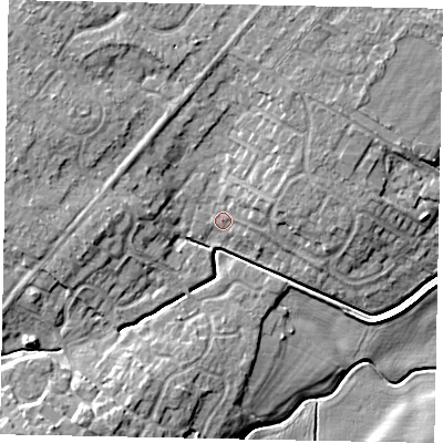 Shaded relief map of the ground around LN68UN, computed from Environment Agency LiDAR. The ground here sits at about 7 m above sea level and falls 8 m across the surrounding 800 m. Surface water reaching this point runs off ground lying to the west-north-west, 5.9 m higher.