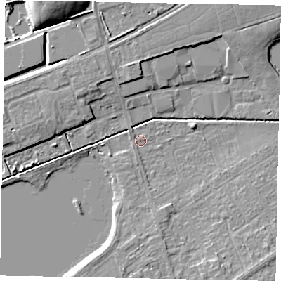 Shaded relief map of the ground around LN69AL, computed from Environment Agency LiDAR. The ground here sits at about 9 m above sea level and falls 11 m across the surrounding 800 m. Surface water reaching this point runs off ground lying to the south-south-west, 0.8 m higher.