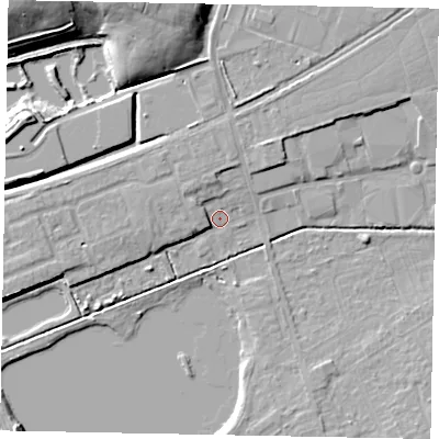 Shaded relief map of the ground around LN69AN, computed from Environment Agency LiDAR. The ground here sits at about 9 m above sea level and falls 17 m across the surrounding 800 m. Surface water reaching this point runs off ground lying to the north-west, 3.1 m higher.