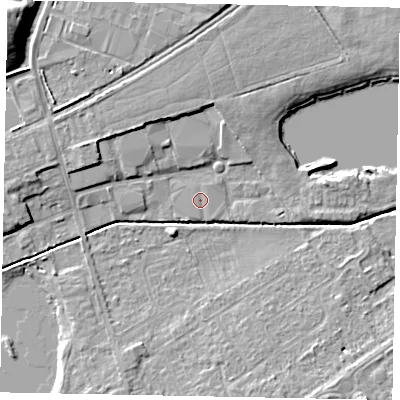 Shaded relief map of the ground around LN69AP, computed from Environment Agency LiDAR. The ground here sits at about 9 m above sea level and falls 12 m across the surrounding 800 m. The ground contributing surface water to this point lies to the south-south-west.