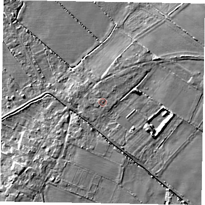 Shaded relief map of the ground around LN69DZ, computed from Environment Agency LiDAR. The ground here sits at about 9 m above sea level and falls 7 m across the surrounding 800 m. The ground contributing surface water to this point lies to the east-south-east.