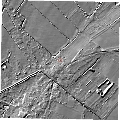 Shaded relief map of the ground around LN69EF, computed from Environment Agency LiDAR. The ground here sits at about 8 m above sea level and falls 7 m across the surrounding 800 m. Surface water reaching this point runs off ground lying to the south-east, 1.5 m higher.