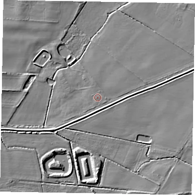 Shaded relief map of the ground around LN69EG, computed from Environment Agency LiDAR. The ground here sits at about 7 m above sea level and falls 5 m across the surrounding 800 m. The ground contributing surface water to this point lies to the north.