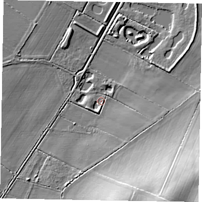 Shaded relief map of the ground around LN69EH, computed from Environment Agency LiDAR. The ground here sits at about 8 m above sea level and falls 20 m across the surrounding 800 m. Surface water reaching this point runs off ground lying to the south-east, 19.5 m higher.