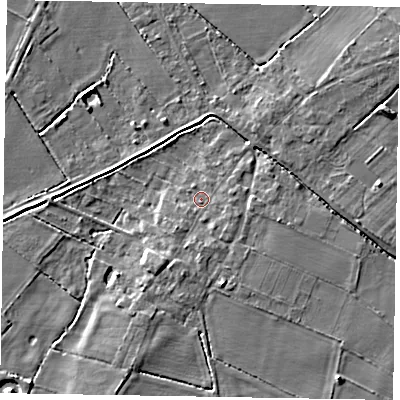 Shaded relief map of the ground around LN69EP, computed from Environment Agency LiDAR. The ground here sits at about 8 m above sea level and falls 5 m across the surrounding 800 m. Surface water reaching this point runs off ground lying to the south-south-east, 2.3 m higher.