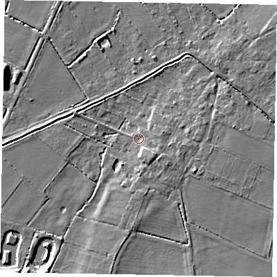 Shaded relief map of the ground around LN69EQ, computed from Environment Agency LiDAR. The ground here sits at about 7 m above sea level and falls 5 m across the surrounding 800 m. Surface water reaching this point runs off ground lying to the south-east, 3.0 m higher.
