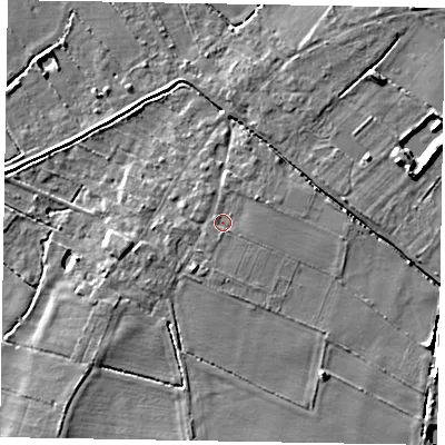 Shaded relief map of the ground around LN69ER, computed from Environment Agency LiDAR. The ground here sits at about 9 m above sea level and falls 7 m across the surrounding 800 m. Surface water reaching this point runs off ground lying to the north-east, 1.0 m higher.