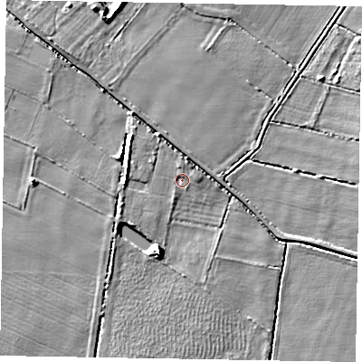 Shaded relief map of the ground around LN69ET, computed from Environment Agency LiDAR. The ground here sits at about 8 m above sea level and falls 7 m across the surrounding 800 m. Surface water reaching this point runs off ground lying to the west-north-west, 2.3 m higher.