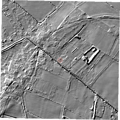 Shaded relief map of the ground around LN69EU, computed from Environment Agency LiDAR. The ground here sits at about 8 m above sea level and falls 7 m across the surrounding 800 m. Surface water reaching this point runs off ground lying to the east, 5.6 m higher.