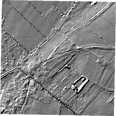 Shaded relief map of the ground around LN69EW, computed from Environment Agency LiDAR. The ground here sits at about 9 m above sea level and falls 7 m across the surrounding 800 m. The ground contributing surface water to this point lies to the east-north-east.