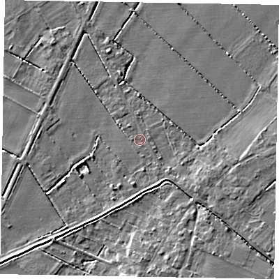 Shaded relief map of the ground around LN69EX, computed from Environment Agency LiDAR. The ground here sits at about 7 m above sea level and falls 4 m across the surrounding 800 m. Surface water reaching this point runs off ground lying to the south-south-east, 0.5 m higher.