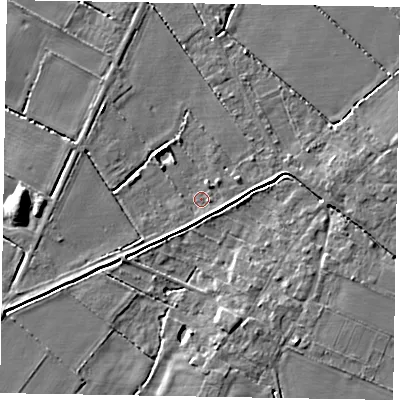 Shaded relief map of the ground around LN69EY, computed from Environment Agency LiDAR. The ground here sits at about 7 m above sea level and falls 5 m across the surrounding 800 m. Surface water reaching this point runs off ground lying to the east, 1.9 m higher.