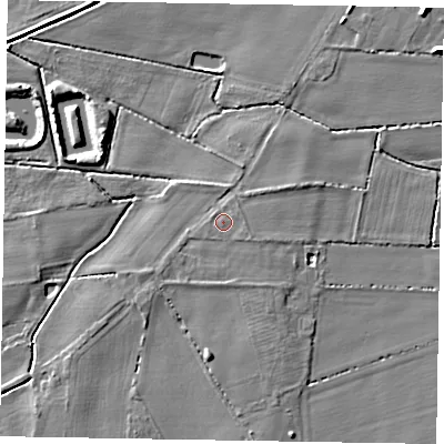 Shaded relief map of the ground around LN69EZ, computed from Environment Agency LiDAR. The ground here sits at about 8 m above sea level and falls 6 m across the surrounding 800 m. Surface water reaching this point runs off ground lying to the east-south-east, 0.6 m higher.