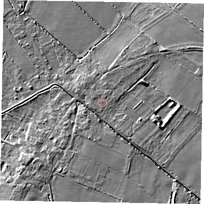 Shaded relief map of the ground around LN69FD, computed from Environment Agency LiDAR. The ground here sits at about 8 m above sea level and falls 7 m across the surrounding 800 m. Surface water reaching this point runs off ground lying to the north-east, 0.6 m higher.