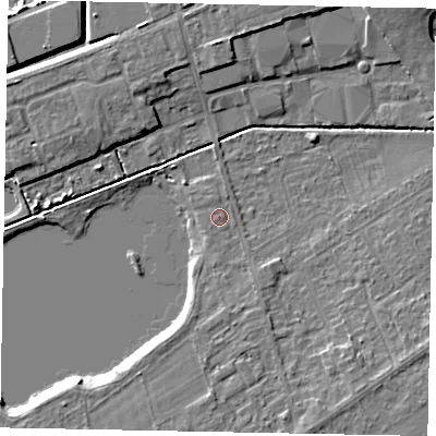 Shaded relief map of the ground around LN69FF, computed from Environment Agency LiDAR. The ground here sits at about 10 m above sea level and falls 6 m across the surrounding 800 m. Surface water reaching this point runs off ground lying to the south-south-east, 0.5 m higher.