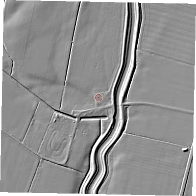 Shaded relief map of the ground around LN69GJ, computed from Environment Agency LiDAR. The ground here sits at about 6 m above sea level and falls 8 m across the surrounding 800 m. The ground contributing surface water to this point lies to the north-north-east.