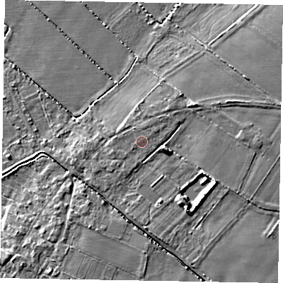 Shaded relief map of the ground around LN69GT, computed from Environment Agency LiDAR. The ground here sits at about 9 m above sea level and falls 7 m across the surrounding 800 m. The ground contributing surface water to this point lies to the north-north-east.