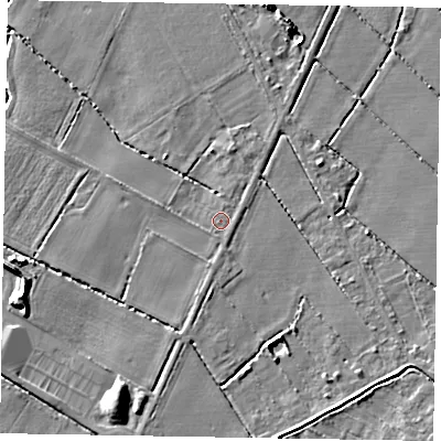Shaded relief map of the ground around LN69HA, computed from Environment Agency LiDAR. The ground here sits at about 7 m above sea level and falls 6 m across the surrounding 800 m. Surface water reaching this point runs off ground lying to the north, 1.1 m higher.