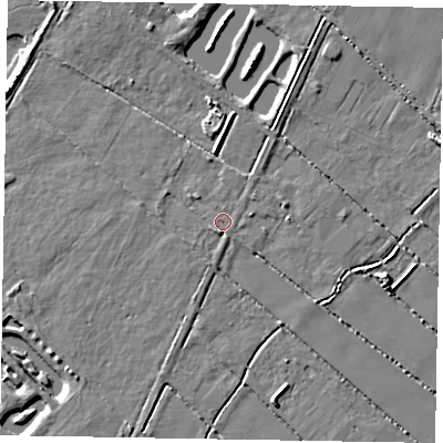 Shaded relief map of the ground around LN69HD, computed from Environment Agency LiDAR. The ground here sits at about 7 m above sea level and falls 5 m across the surrounding 800 m. Surface water reaching this point runs off ground lying to the south-south-west, 0.7 m higher.