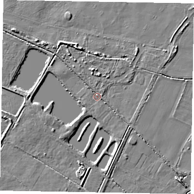 Shaded relief map of the ground around LN69HE, computed from Environment Agency LiDAR. The ground here sits at about 7 m above sea level and falls 5 m across the surrounding 800 m. Surface water reaching this point runs off ground lying to the west-south-west, 1.3 m higher.