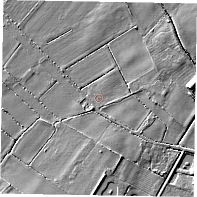Shaded relief map of the ground around LN69HF, computed from Environment Agency LiDAR. The ground here sits at about 7 m above sea level and falls 7 m across the surrounding 800 m. Surface water reaching this point runs off ground lying to the east, 2.4 m higher.