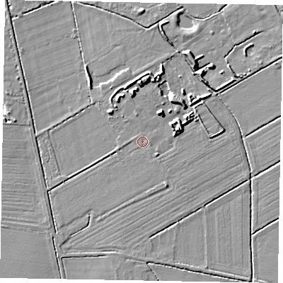 Shaded relief map of the ground around LN69HS, computed from Environment Agency LiDAR. The ground here sits at about 15 m above sea level and falls 6 m across the surrounding 800 m. Surface water reaching this point runs off ground lying to the south-west, 2.2 m higher.