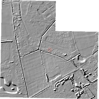 Shaded relief map of the ground around LN69HU, computed from Environment Agency LiDAR. The ground here sits at about 14 m above sea level and falls 7 m across the surrounding 800 m. Surface water reaching this point runs off ground lying to the south-south-east, 6.5 m higher.