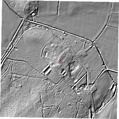 Shaded relief map of the ground around LN69HZ, computed from Environment Agency LiDAR. The ground here sits at about 14 m above sea level and falls 7 m across the surrounding 800 m. Surface water reaching this point runs off ground lying to the south, 1.4 m higher.