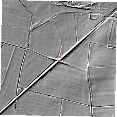 Shaded relief map of the ground around LN69JA, computed from Environment Agency LiDAR. The ground here sits at about 12 m above sea level and falls 7 m across the surrounding 800 m. Surface water reaching this point runs off ground lying to the south-east, 2.3 m higher.