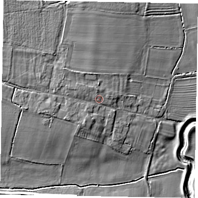 Shaded relief map of the ground around LN69JU, computed from Environment Agency LiDAR. The ground here sits at about 15 m above sea level and falls 10 m across the surrounding 800 m. Surface water reaching this point runs off ground lying to the south-south-west, 1.6 m higher.
