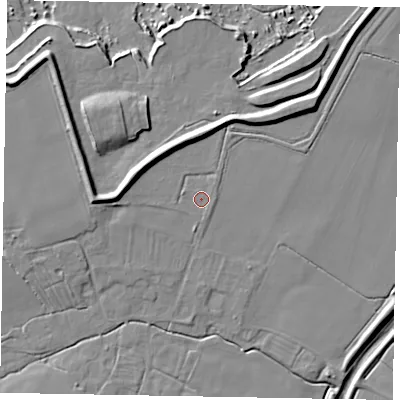 Shaded relief map of the ground around LN69JY, computed from Environment Agency LiDAR. The ground here sits at about 13 m above sea level and falls 12 m across the surrounding 800 m. Surface water reaching this point runs off ground lying to the west-north-west, 6.8 m higher.