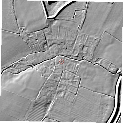 Shaded relief map of the ground around LN69JZ, computed from Environment Agency LiDAR. The ground here sits at about 12 m above sea level and falls 11 m across the surrounding 800 m. Surface water reaching this point runs off ground lying to the south-west, 2.1 m higher.