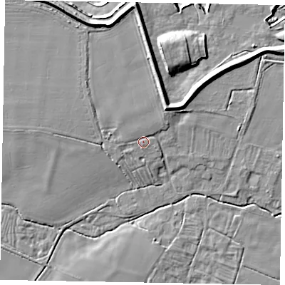 Shaded relief map of the ground around LN69LA, computed from Environment Agency LiDAR. The ground here sits at about 15 m above sea level and falls 13 m across the surrounding 800 m. Surface water reaching this point runs off ground lying to the north-north-west, 1.3 m higher.