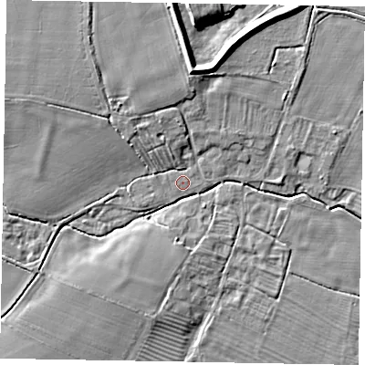 Shaded relief map of the ground around LN69LB, computed from Environment Agency LiDAR. The ground here sits at about 12 m above sea level and falls 10 m across the surrounding 800 m. Surface water reaching this point runs off ground lying to the north-north-west, 5.8 m higher.