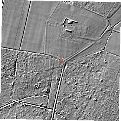 Shaded relief map of the ground around LN69LE, computed from Environment Agency LiDAR. The ground here sits at about 17 m above sea level and falls 5 m across the surrounding 800 m. Surface water reaching this point runs off ground lying to the south-east, 0.9 m higher.