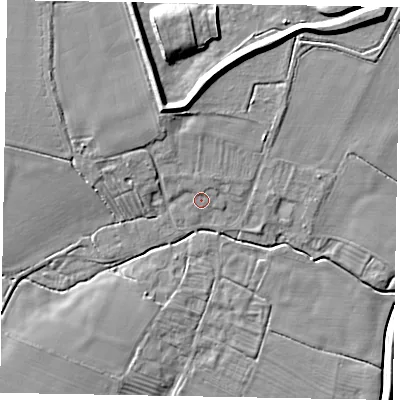 Shaded relief map of the ground around LN69LH, computed from Environment Agency LiDAR. The ground here sits at about 12 m above sea level and falls 11 m across the surrounding 800 m. Surface water reaching this point runs off ground lying to the north, 1.5 m higher.