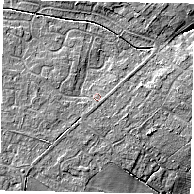 Shaded relief map of the ground around LN69PA, computed from Environment Agency LiDAR. The ground here sits at about 12 m above sea level and falls 7 m across the surrounding 800 m. Surface water reaching this point runs off ground lying to the south-south-east, 1.1 m higher.
