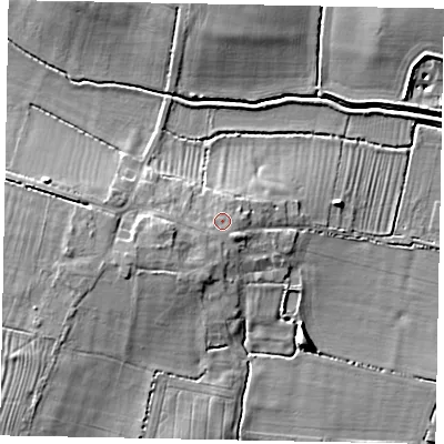 Shaded relief map of the ground around LN69PF, computed from Environment Agency LiDAR. The ground here sits at about 10 m above sea level and falls 8 m across the surrounding 800 m. Surface water reaching this point runs off ground lying to the south-east, 0.7 m higher.