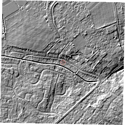 Shaded relief map of the ground around LN69PJ, computed from Environment Agency LiDAR. The ground here sits at about 10 m above sea level and falls 6 m across the surrounding 800 m. Surface water reaching this point runs off ground lying to the north-north-west, 4.7 m higher.