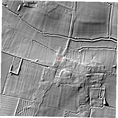Shaded relief map of the ground around LN69PQ, computed from Environment Agency LiDAR. The ground here sits at about 9 m above sea level and falls 9 m across the surrounding 800 m. Surface water reaching this point runs off ground lying to the south-west, 4.7 m higher.