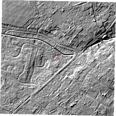 Shaded relief map of the ground around LN69PR, computed from Environment Agency LiDAR. The ground here sits at about 10 m above sea level and falls 7 m across the surrounding 800 m. Surface water reaching this point runs off ground lying to the south-west, 5.5 m higher.