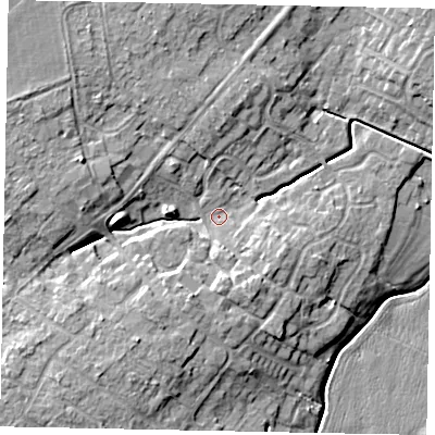 Shaded relief map of the ground around LN69QS, computed from Environment Agency LiDAR. The ground here sits at about 7 m above sea level and falls 9 m across the surrounding 800 m. Surface water reaching this point runs off ground lying to the west-north-west, 6.0 m higher.