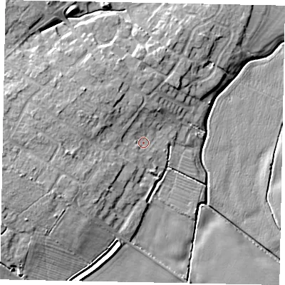 Shaded relief map of the ground around LN69RF, computed from Environment Agency LiDAR. The ground here sits at about 7 m above sea level and falls 9 m across the surrounding 800 m. Surface water reaching this point runs off ground lying to the west-south-west, 5.1 m higher.