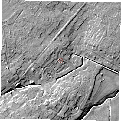 Shaded relief map of the ground around LN69RR, computed from Environment Agency LiDAR. The ground here sits at about 9 m above sea level and falls 9 m across the surrounding 800 m. Surface water reaching this point runs off ground lying to the west-north-west, 2.1 m higher.