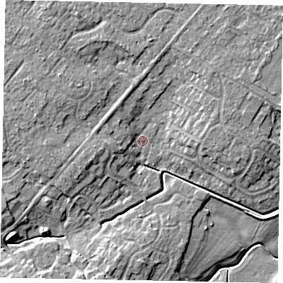 Shaded relief map of the ground around LN69RS, computed from Environment Agency LiDAR. The ground here sits at about 7 m above sea level and falls 8 m across the surrounding 800 m. Surface water reaching this point runs off ground lying to the north-west, 4.4 m higher.