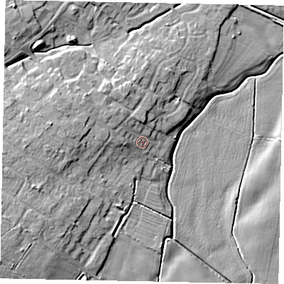 Shaded relief map of the ground around LN69RW, computed from Environment Agency LiDAR. The ground here sits at about 8 m above sea level and falls 9 m across the surrounding 800 m. Surface water reaching this point runs off ground lying to the north-west, 3.6 m higher.
