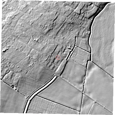 Shaded relief map of the ground around LN69TP, computed from Environment Agency LiDAR. The ground here sits at about 8 m above sea level and falls 10 m across the surrounding 800 m. Surface water reaching this point runs off ground lying to the west-north-west, 3.1 m higher.