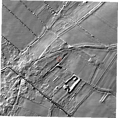 Shaded relief map of the ground around LN69WD, computed from Environment Agency LiDAR. The ground here sits at about 8 m above sea level and falls 7 m across the surrounding 800 m. Surface water reaching this point runs off ground lying to the south, 2.6 m higher.